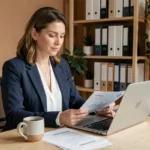 Femme professionnelle gérant ses finances personnelles sur ordinateur portable dans un bureau à domicile moderne