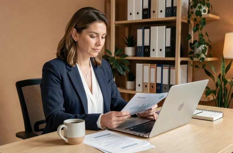 Femme professionnelle gérant ses finances personnelles sur ordinateur portable dans un bureau à domicile moderne