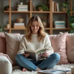 Femme lisant un guide d'amélioration maison dans un intérieur chaleureux
