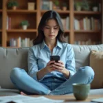 Jeune femme lisant des actualites sur son smartphone dans un salon