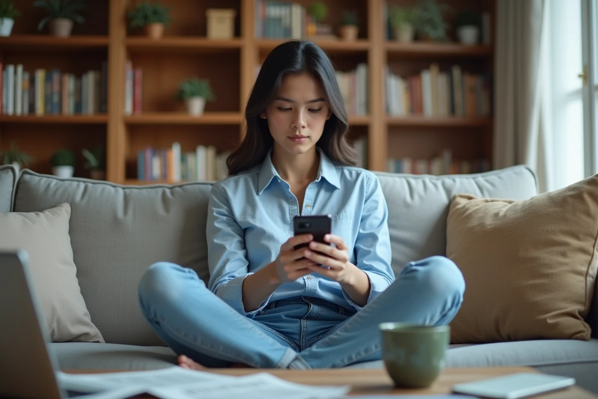 Jeune femme lisant des actualites sur son smartphone dans un salon