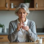 Femme tenant un flacon de médicament Levothyrox en réfléchissant aux effets secondaires d'un surdosage