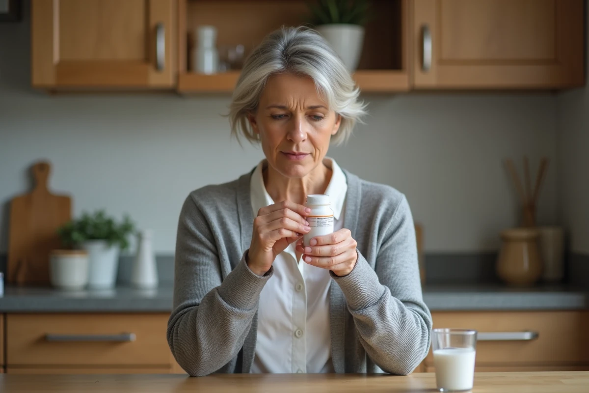 Femme tenant un flacon de médicament Levothyrox en réfléchissant aux effets secondaires d'un surdosage