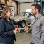 Une femme discute avec un mécanicien dans un garage solidaire pour accéder à une voiture fiable à prix abordable