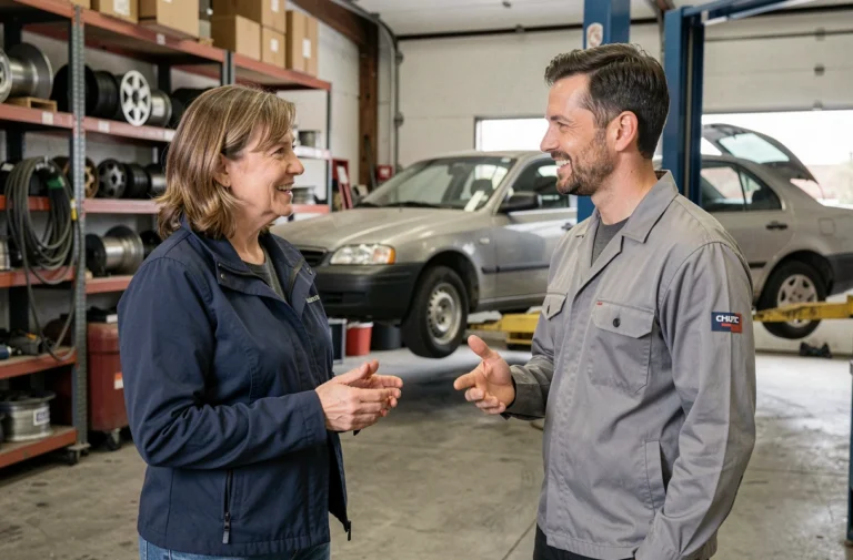 Une femme discute avec un mécanicien dans un garage solidaire pour accéder à une voiture fiable à prix abordable