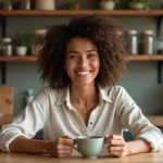 Femme souriante dégustant un thé bio dans sa cuisine chaleureuse