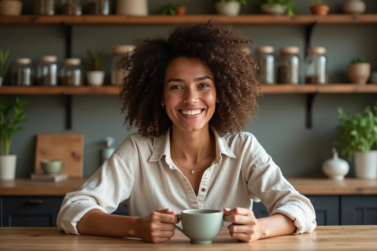Femme souriante dégustant un thé bio dans sa cuisine chaleureuse