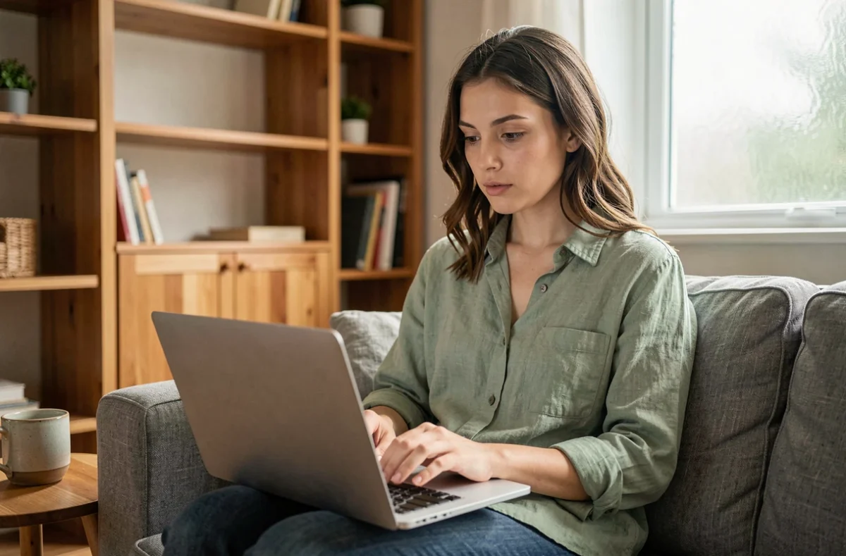 Jeune femme naviguant sur un plan du site web depuis son ordinateur portable dans un bureau à domicile chaleureux