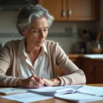 Femme d'âge moyen organise ses papiers de retraite à la maison