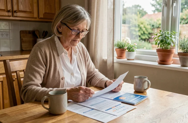 Femme de 60 ans qui planifie sa retraite avec des documents financiers sur une table en bois dans une cuisine chaleureuse