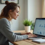 Femme travaillant sur sa présence en ligne depuis un bureau à domicile, regardant un tableau de bord d'analyses web sur un ordinateur portable