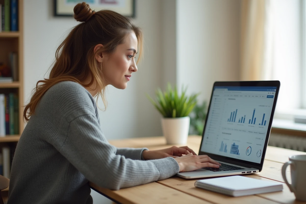 Femme travaillant sur sa présence en ligne depuis un bureau à domicile, regardant un tableau de bord d'analyses web sur un ordinateur portable