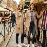 Femme élégante en trench coat beige et marinière rayée parcourant un marché aux puces parisien, style chic et accessible