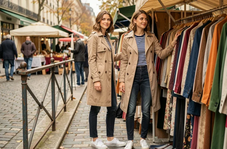Femme élégante en trench coat beige et marinière rayée parcourant un marché aux puces parisien, style chic et accessible