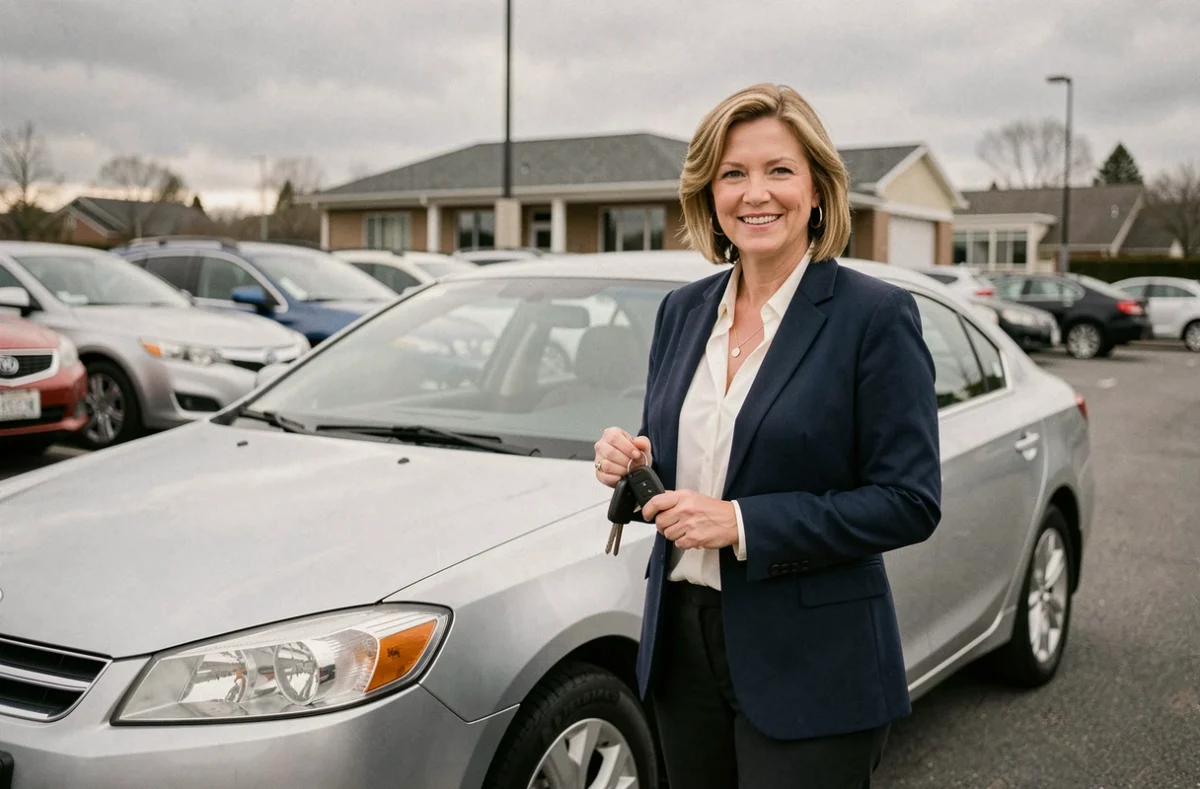 Une femme souriante tient les clés d'une voiture d'occasion devant un concessionnaire automobile