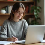 Femme adulte étudiant une formation à distance pour devenir éducatrice de jeunes enfants, assise à un bureau avec un ordinateur portable et des notes manuscrites