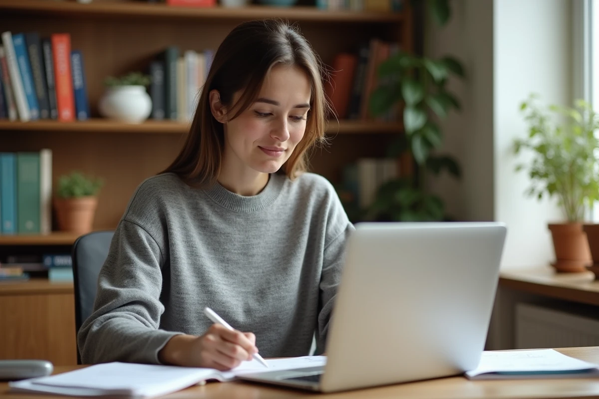 Femme adulte étudiant une formation à distance pour devenir éducatrice de jeunes enfants, assise à un bureau avec un ordinateur portable et des notes manuscrites