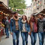 Groupe d'amis souriants dans un marché animé en plein air