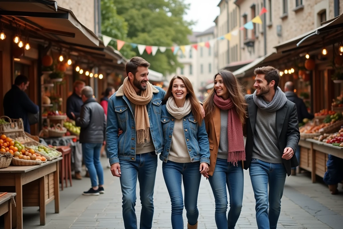Groupe d'amis souriants dans un marché animé en plein air
