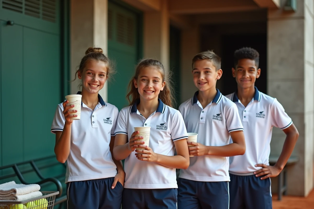 Groupe de ramasseurs de balles en pause dans les coulisses de Roland Garros, buvant de l'eau près d'un banc de courtside