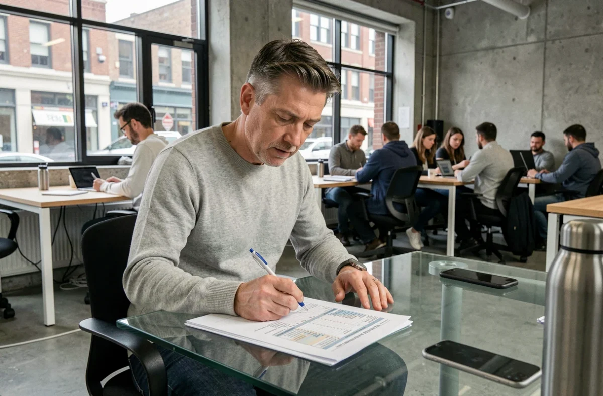 Homme d'affaires analysant des feuilles de calcul budgétaires dans un espace de coworking moderne en 2024