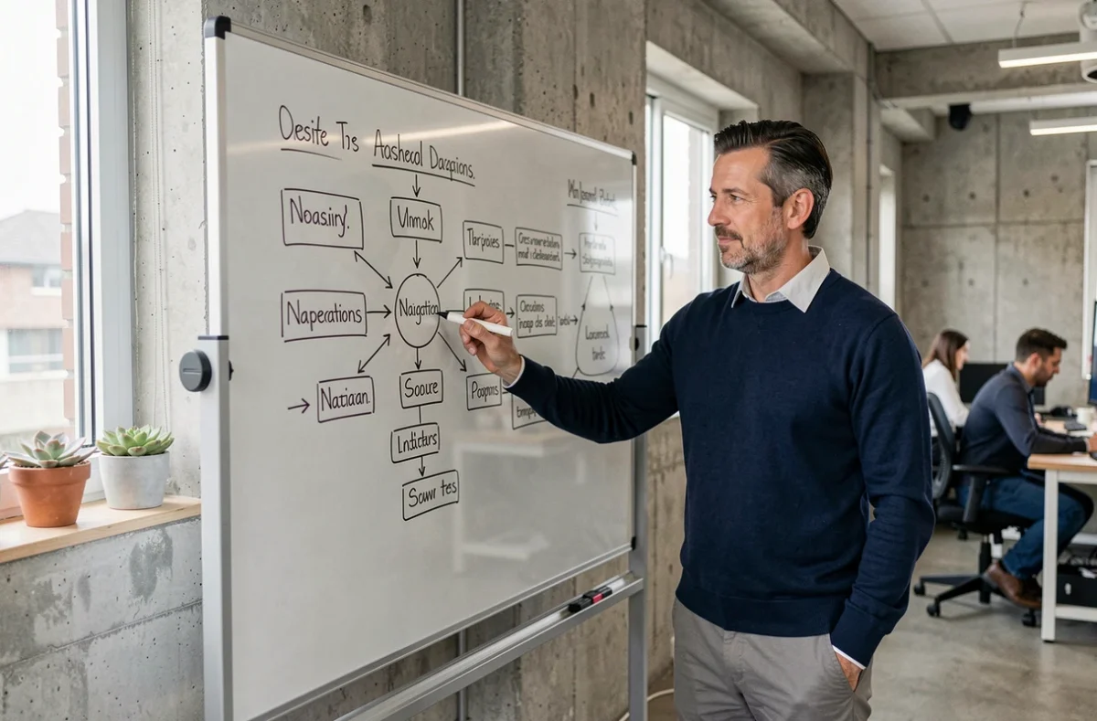 Homme présentant l'architecture d'un plan de site sur un tableau blanc dans un espace de coworking moderne