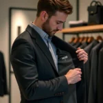 Homme consultant l'étiquette de taille d'un blazer slim The Kooples en magasin