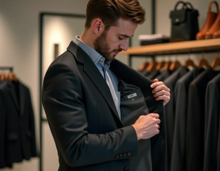 Homme consultant l'étiquette de taille d'un blazer slim The Kooples en magasin