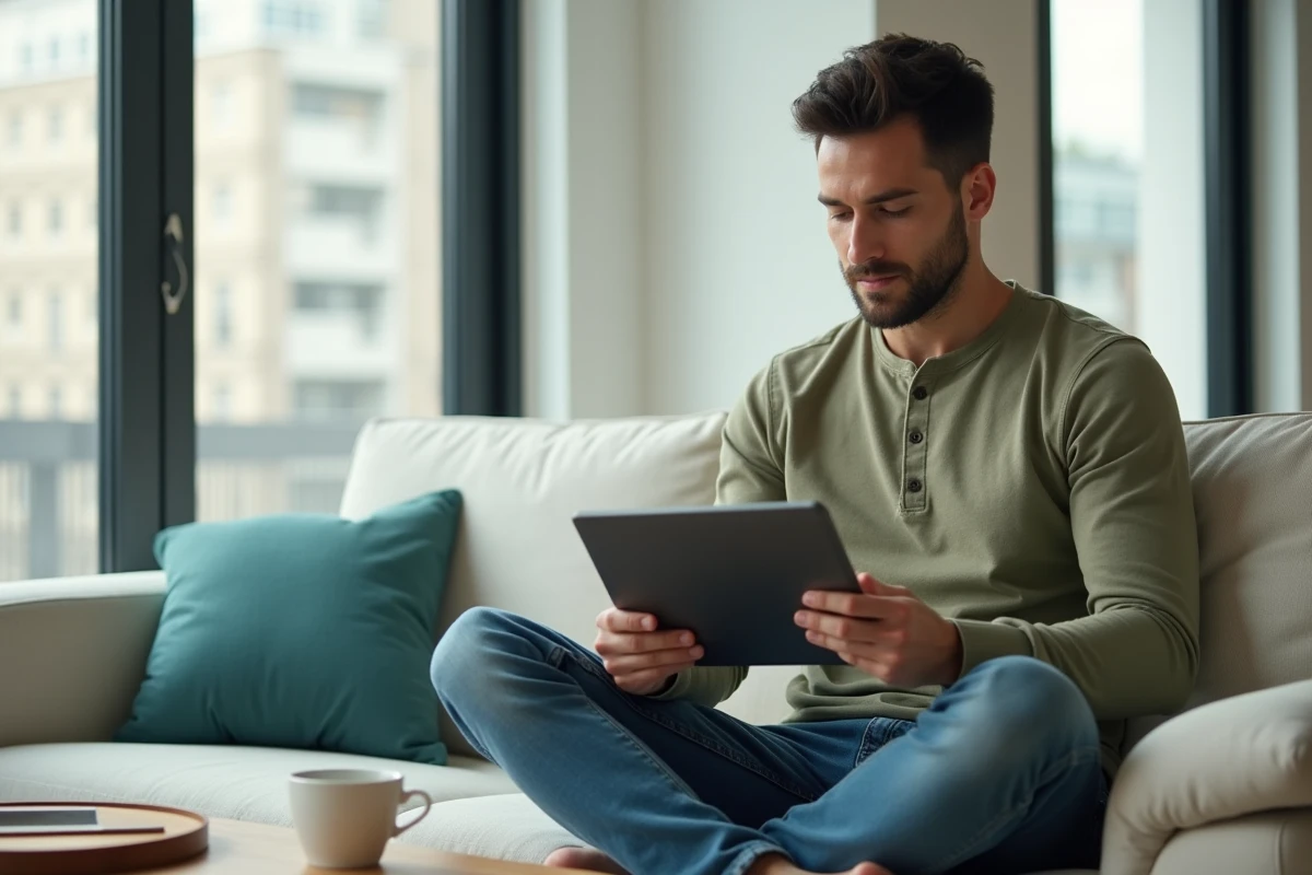 Homme adulte suivant un cours en ligne de formation éducateur de jeunes enfants sur une tablette numérique dans un salon moderne