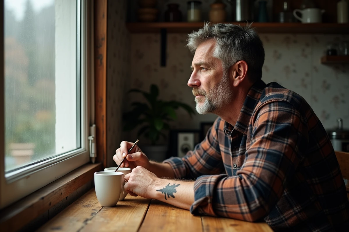 Homme regardant son tatouage dans une cuisine rustique