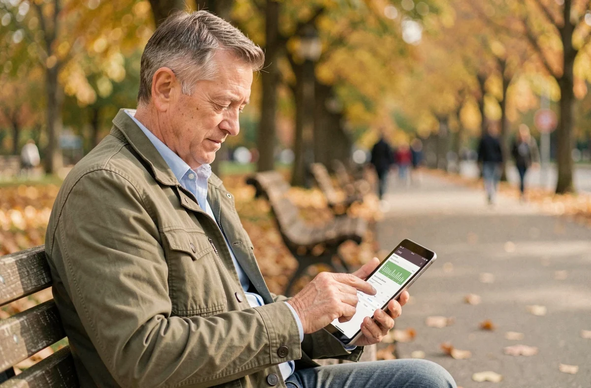 Homme de 60 ans consultant une application de retraite sur une tablette assis dans un parc en automne