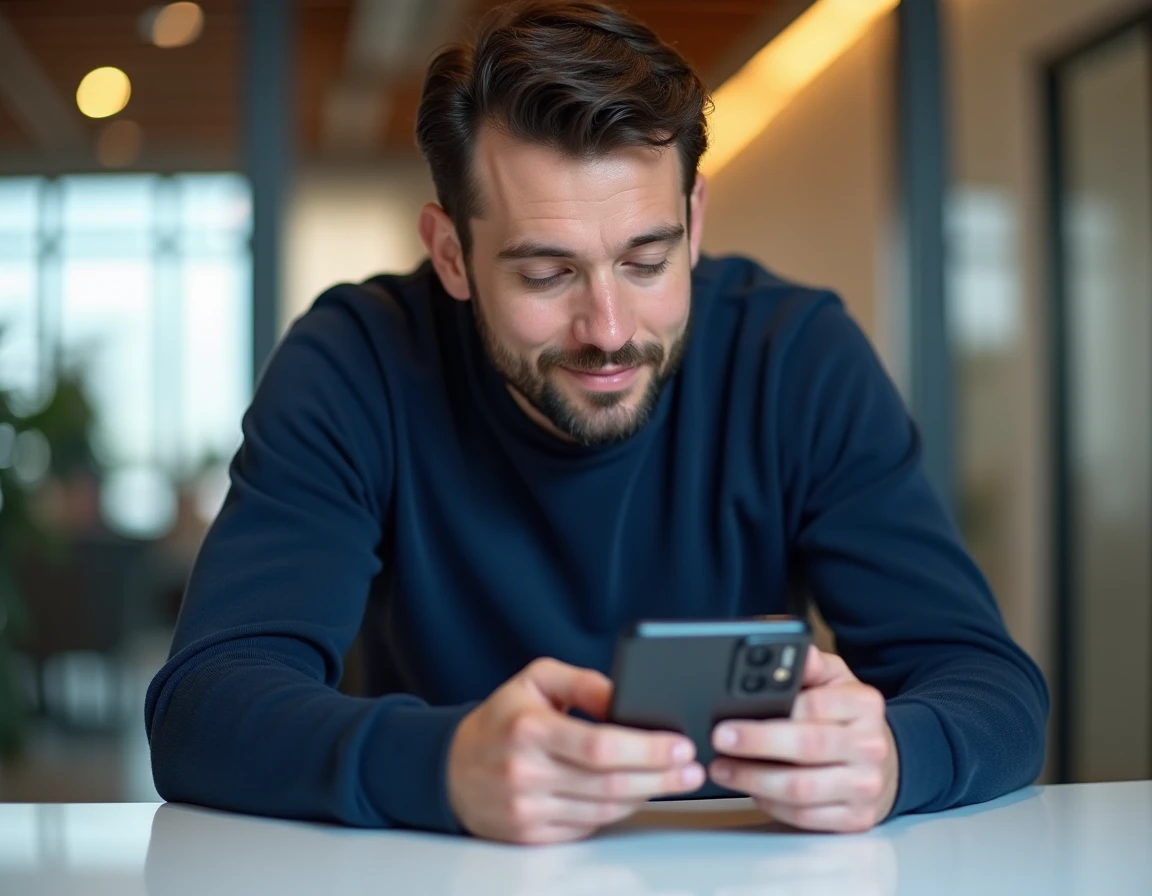 Un homme dans la trentaine examine un smartphone pliable dernière génération dans un bureau moderne, illustrant les innovations technologiques de 2024