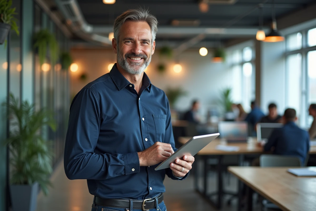 Homme professionnel tenant une tablette avec un profil de réseau social dans un espace de coworking moderne