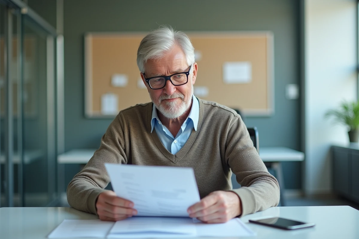 Homme âgé trie des documents officiels au bureau
