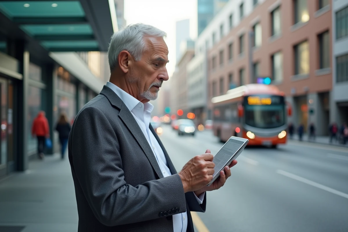 Homme d age lisant des titres d actualite sur une tablette en ville