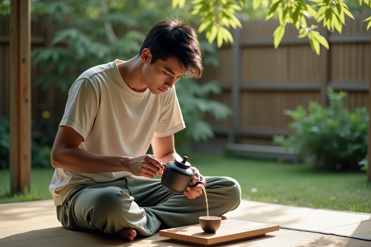 Jeune homme versant du thé dans un jardin calme et verdoyant