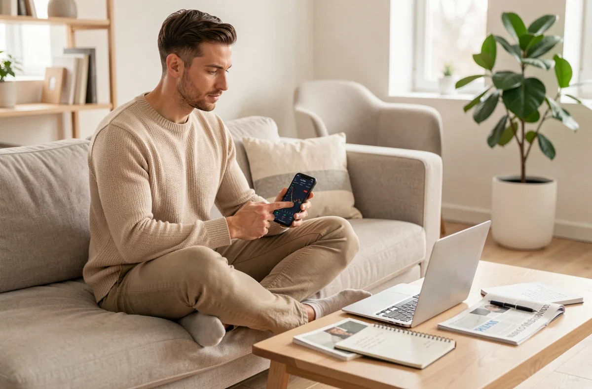 Jeune investisseur consultant une application d'analyse boursière sur smartphone dans un salon contemporain