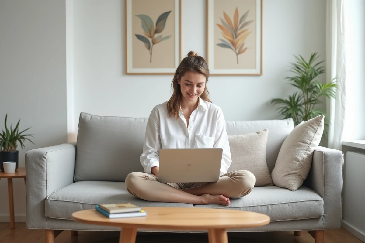 Jeune femme travaillant sur un site web depuis son canapé dans un appartement minimaliste, illustrant la gestion d'une présence en ligne