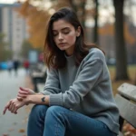 Jeune femme contemplant son tatouage sur un banc urbain