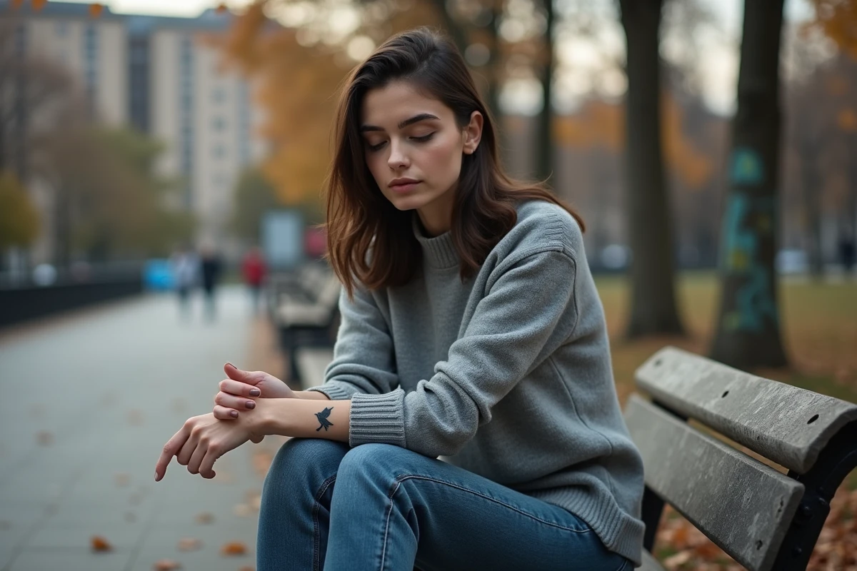 Jeune femme contemplant son tatouage sur un banc urbain