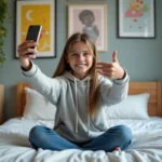Jeune fille souriante prenant un selfie dans sa chambre colorée