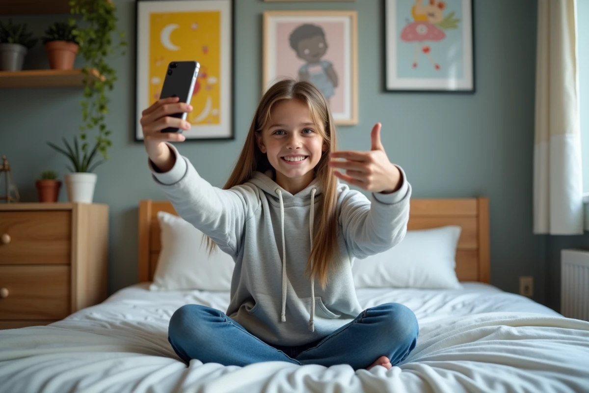 Jeune fille souriante prenant un selfie dans sa chambre colorée