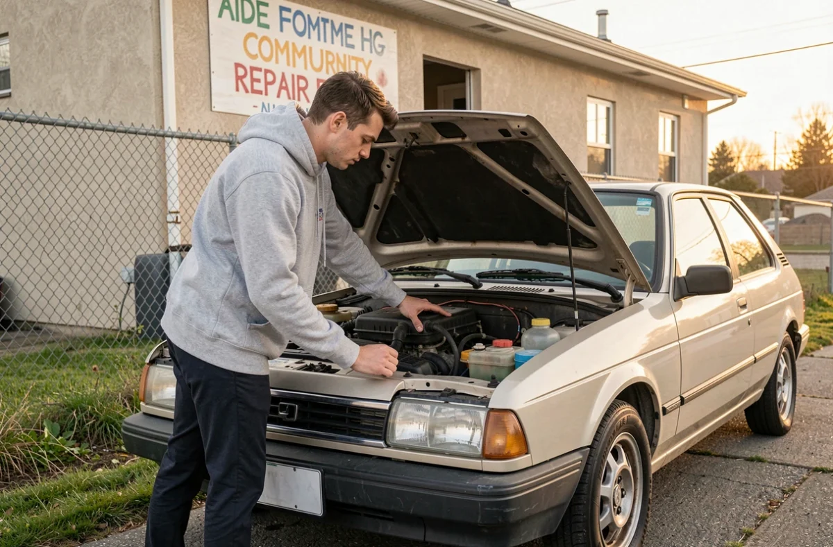 Un jeune homme inspecte le moteur d'une voiture d'occasion révisée par un garage associatif solidaire
