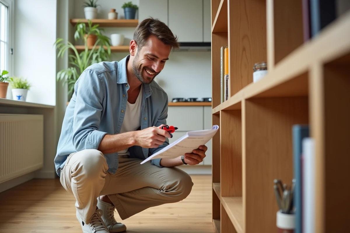 Jeune homme assemblant une étagère moderne dans une cuisine lumineuse