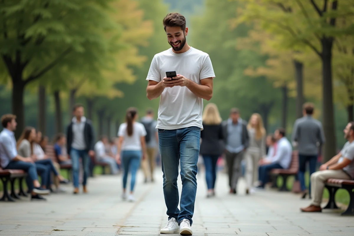 Jeune homme riant en marchant dans un parc urbain animé