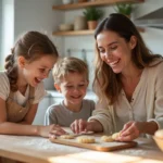 Maman et enfants souriants en cuisine en train de faire des cookies