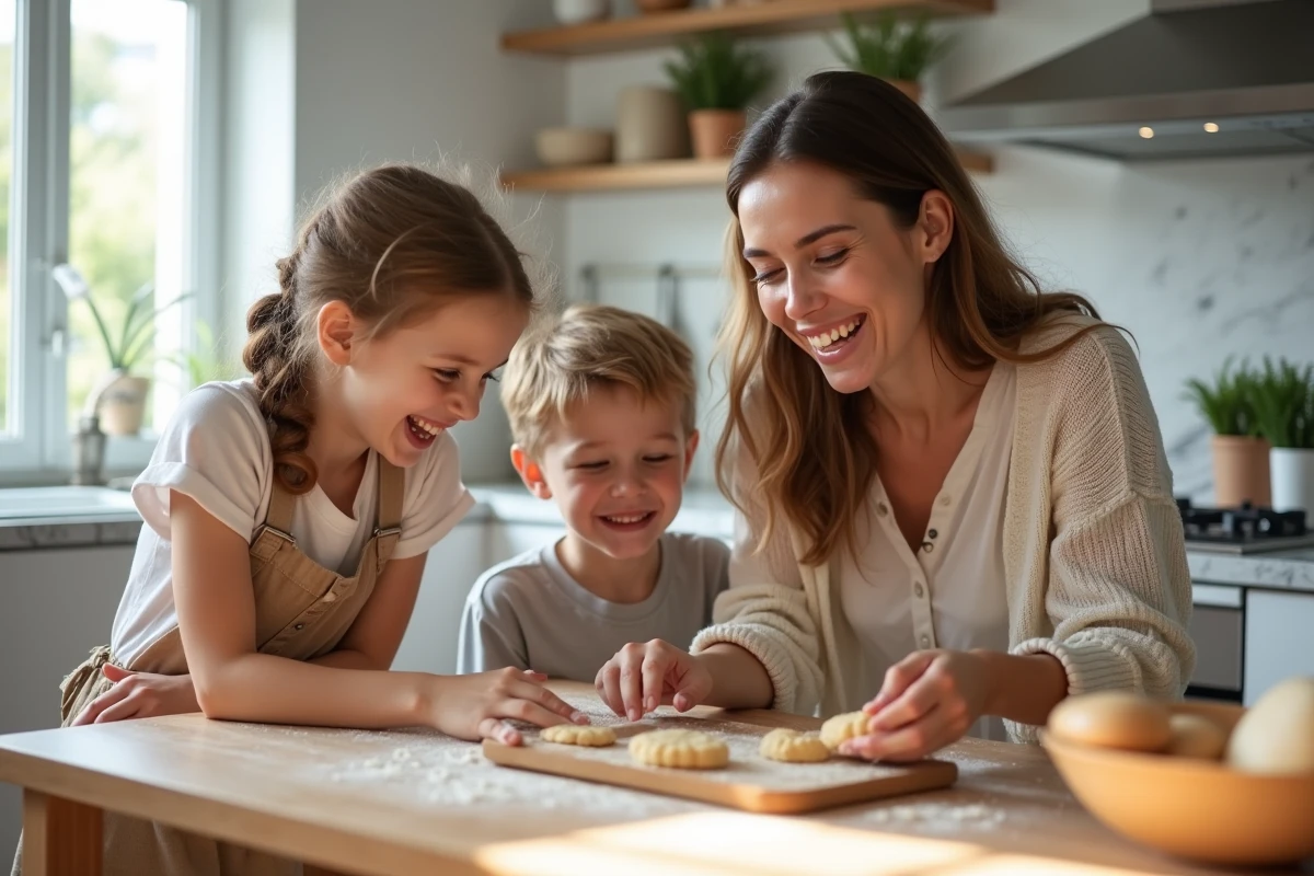 Maman et enfants souriants en cuisine en train de faire des cookies