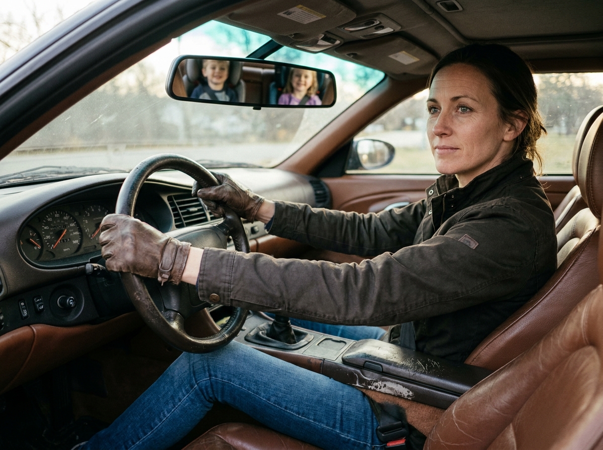 Mère au volant d'une voiture sportive d'occasion avec ses enfants à l'arrière reflétés dans le rétroviseur