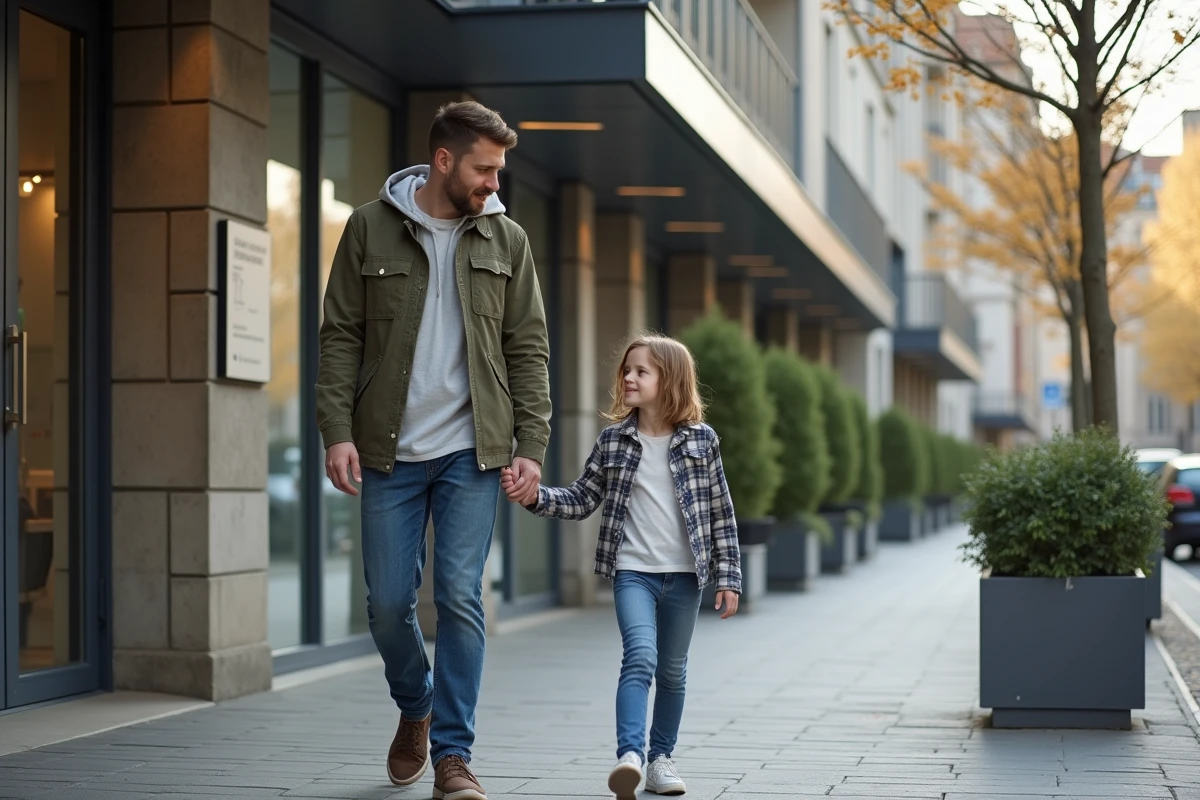 Jeune père avec sa fille devant une agence sociale à Levallois
