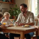 Père de famille partageant un moment complice avec ses fils autour d'une table dans une cuisine française authentique